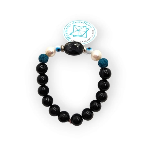 Black Obsidian, Freshwater Pearl, Evil Eye Bracelet 10 mm - Picture 4 of 6